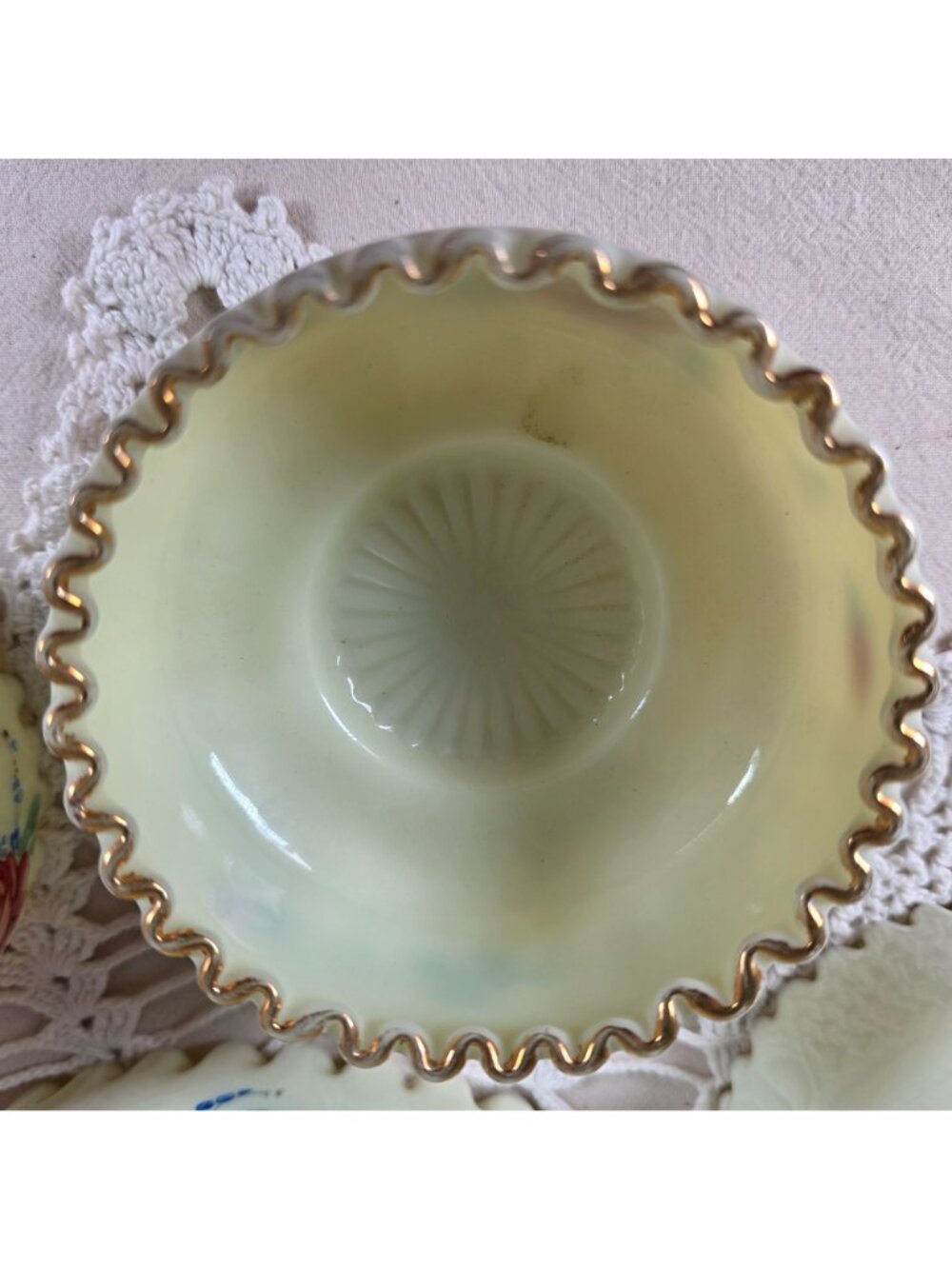 Antique Jefferson Optic Custard Glass Berry Bowl Set 7 Pc Hand Painted Roses Gol - Picture 6 of 15